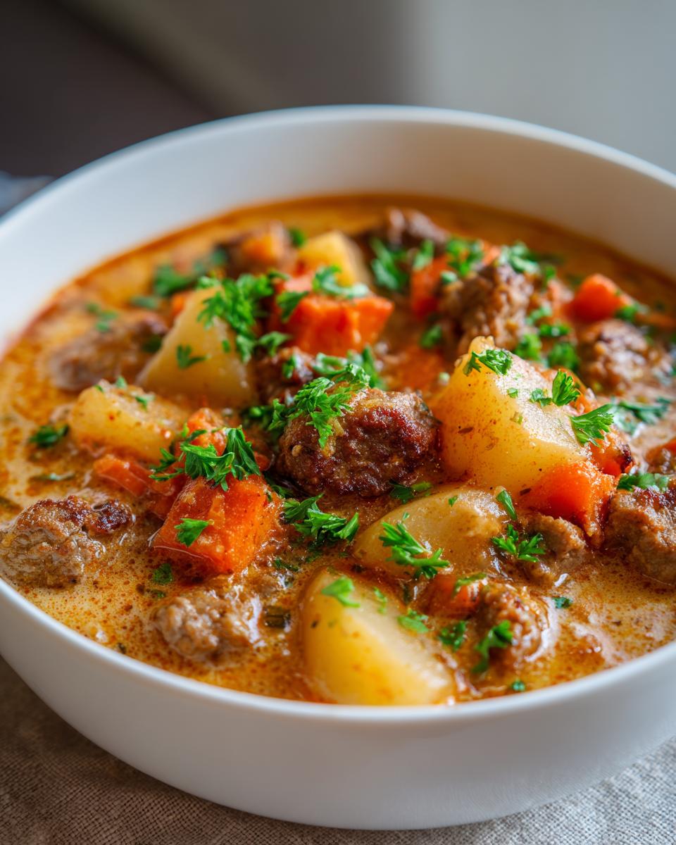 Close-up of a creamy bowl of italian sausage soup featuring chunks of potato, carrots, and browned sausage.