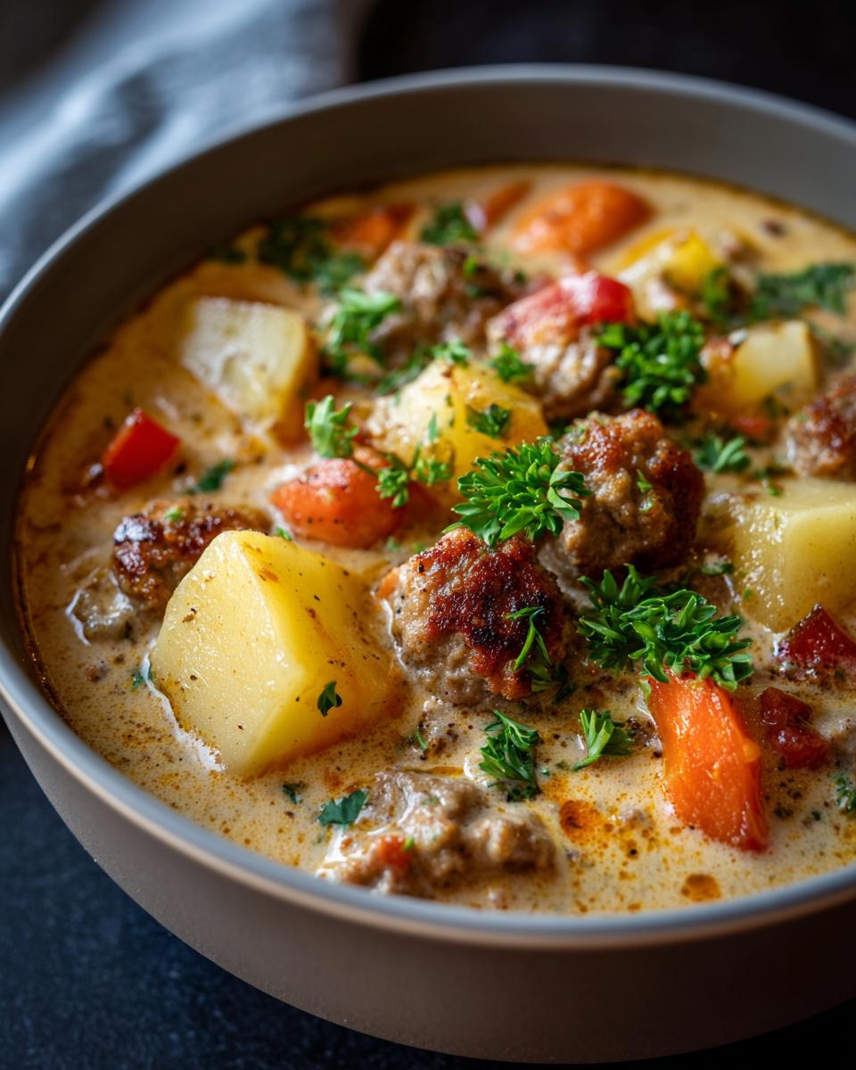 Close-up of a hearty bowl of italian sausage soup featuring browned sausage balls, large potato chunks, carrots, and fresh parsley.
