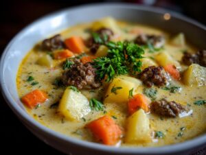 Close-up of a bowl of creamy italian sausage soup featuring chunks of potato, carrot, and browned sausage meatballs.