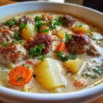 Close-up of a hearty bowl of creamy italian sausage soup featuring browned sausage pieces, chunks of potato, and sliced carrots.