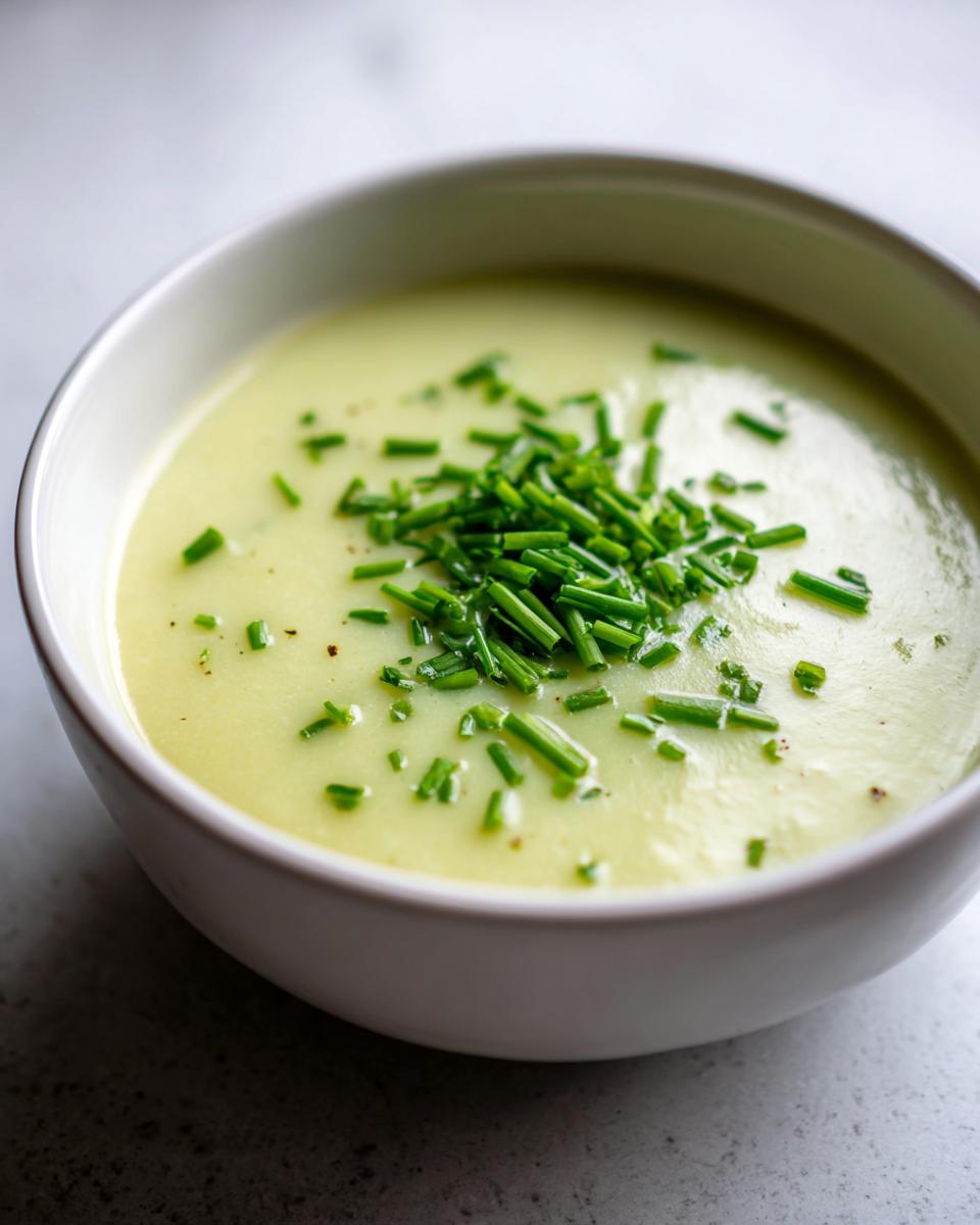 Close-up of a bowl of creamy, pale green leek soup topped generously with freshly chopped chives.