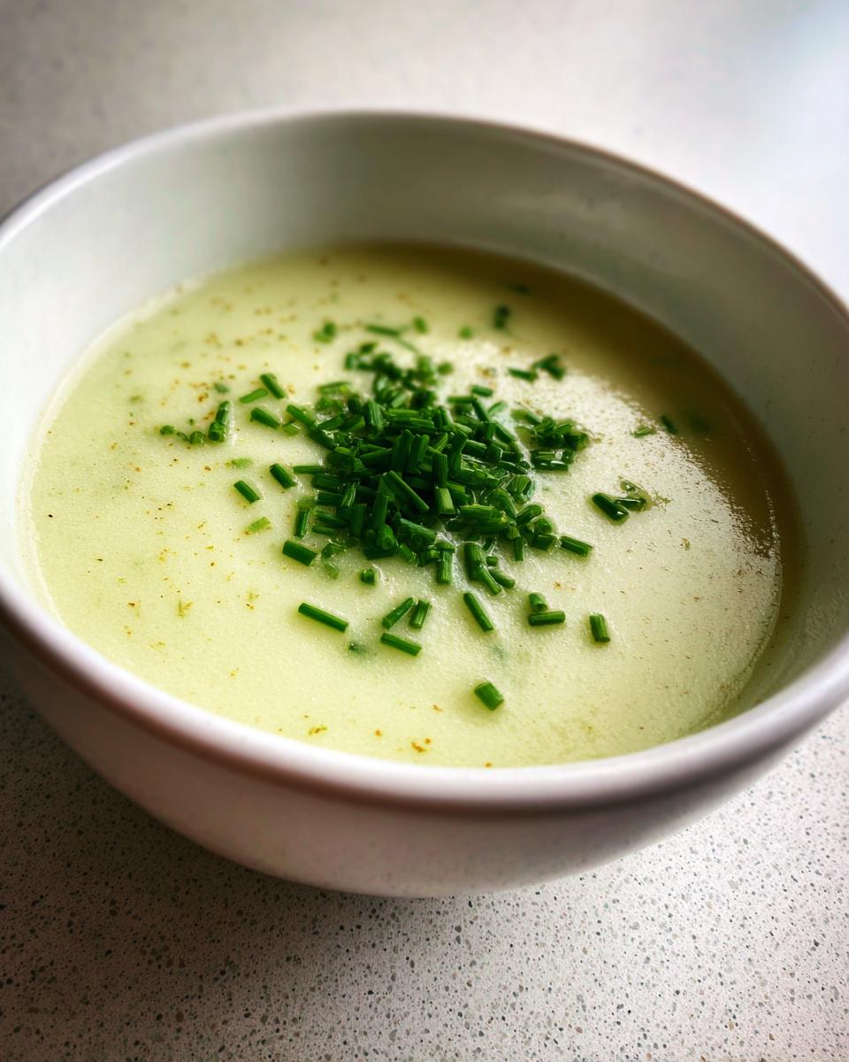 Close-up of a creamy, pale green leek soup garnished generously with fresh, chopped chives.