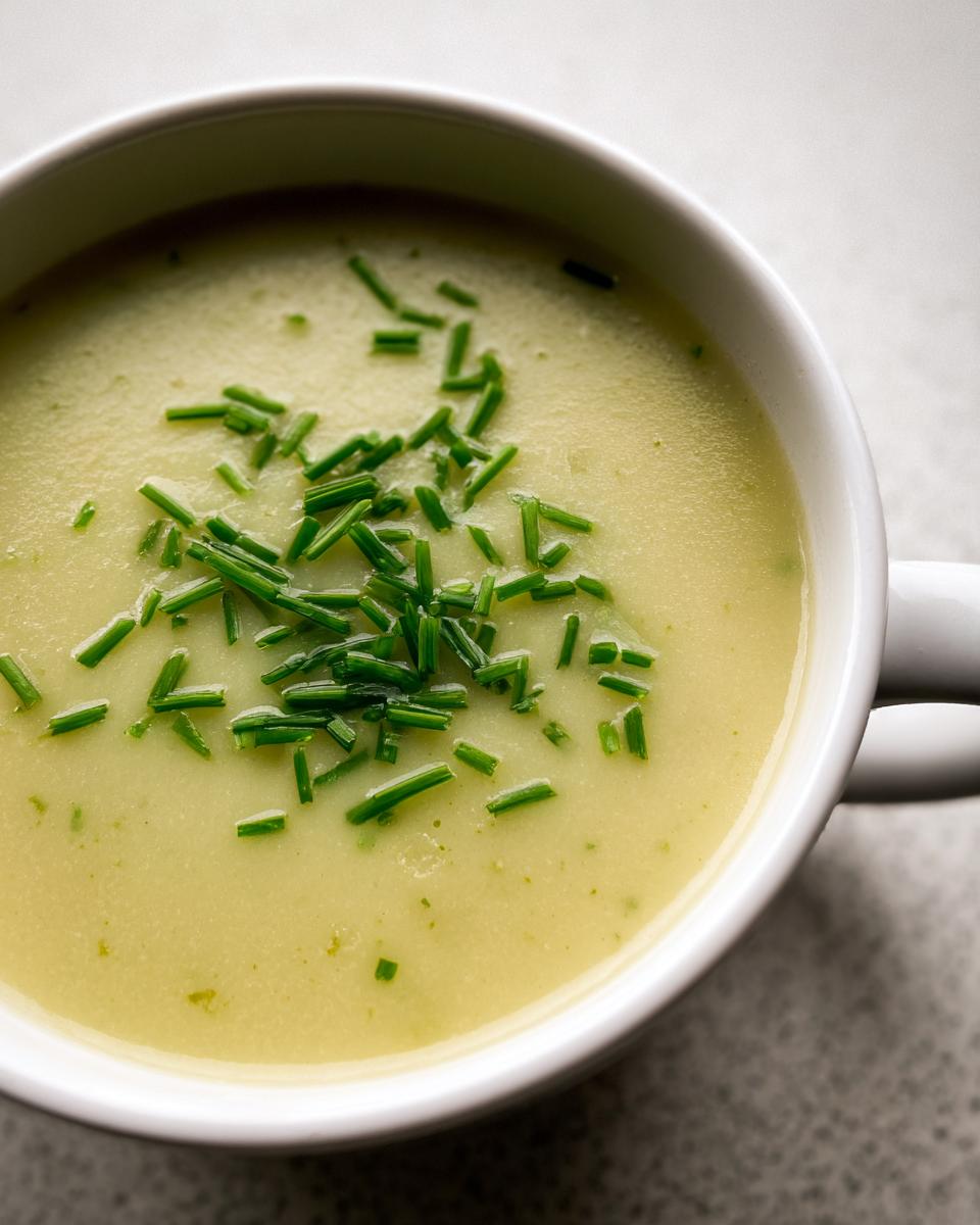 Close-up of a creamy, pale yellow leek soup in a white mug, topped generously with chopped green chives.