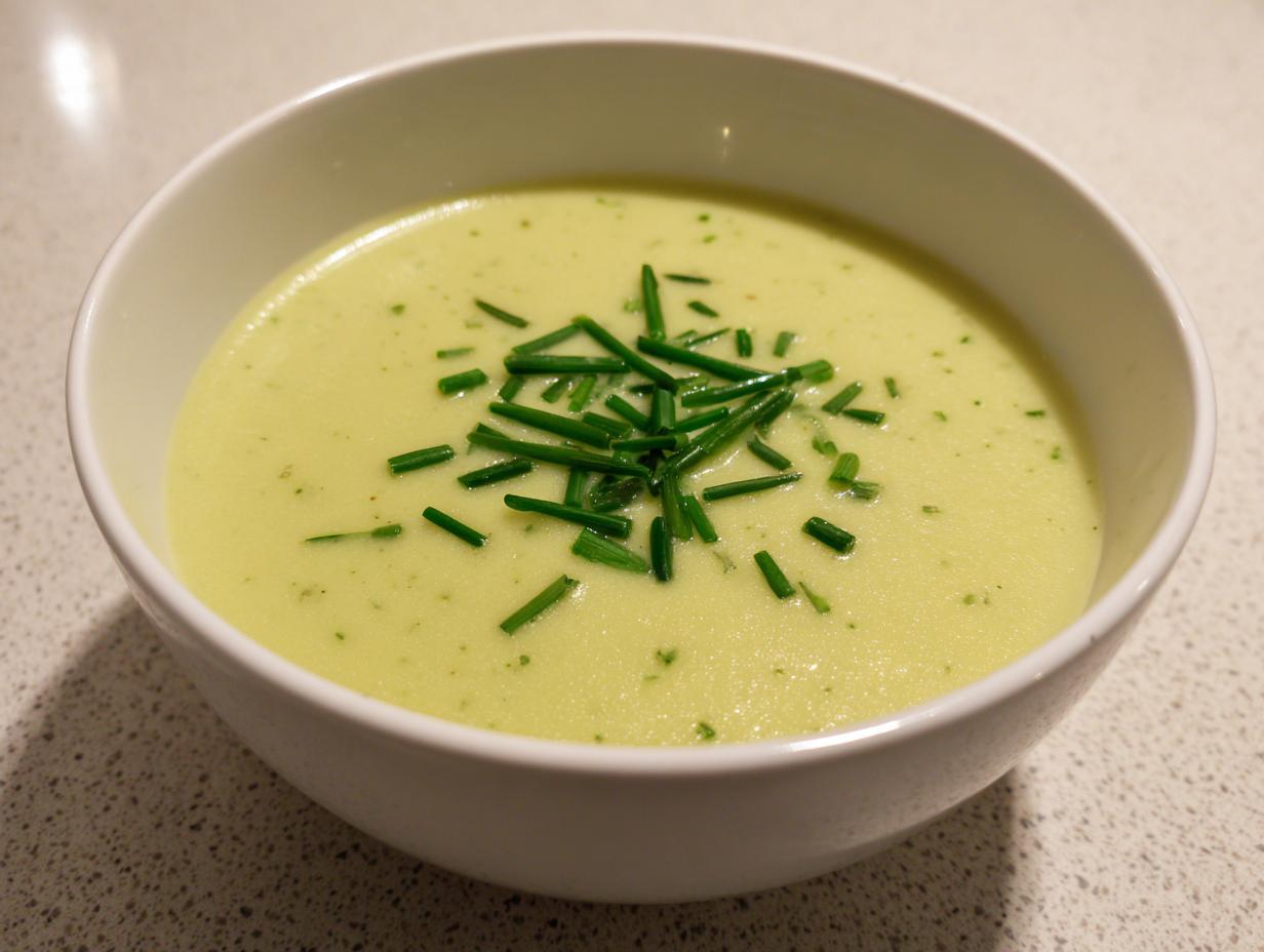 A close-up of a bowl of smooth, pale green leek soup topped with freshly chopped chives.