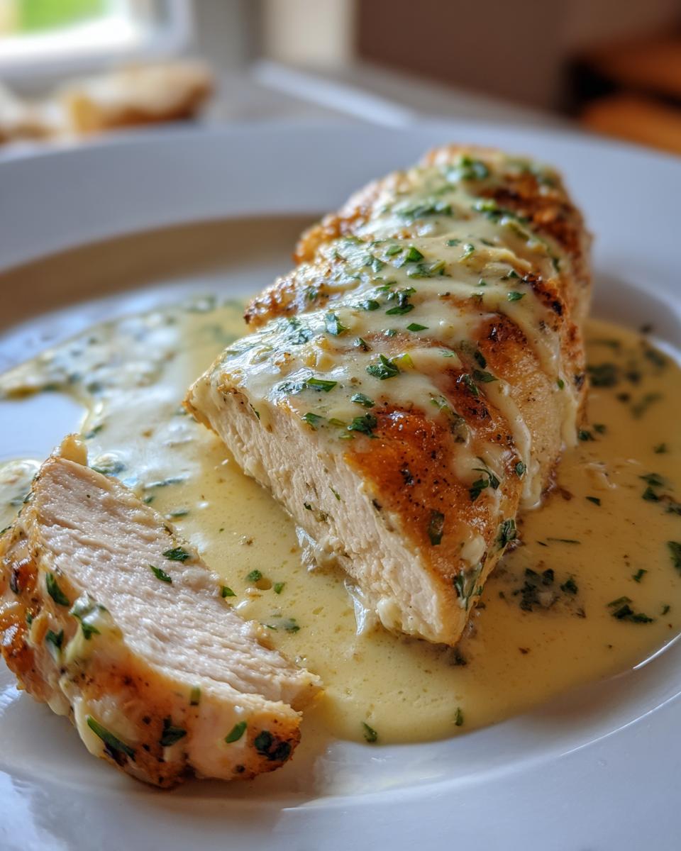 Cross-section of a perfectly cooked creamy lemon chicken breast drizzled with rich lemon sauce and parsley.