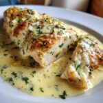 A close-up of seared chicken breast sliced open, covered in a rich, creamy lemon sauce and sprinkled with fresh parsley.