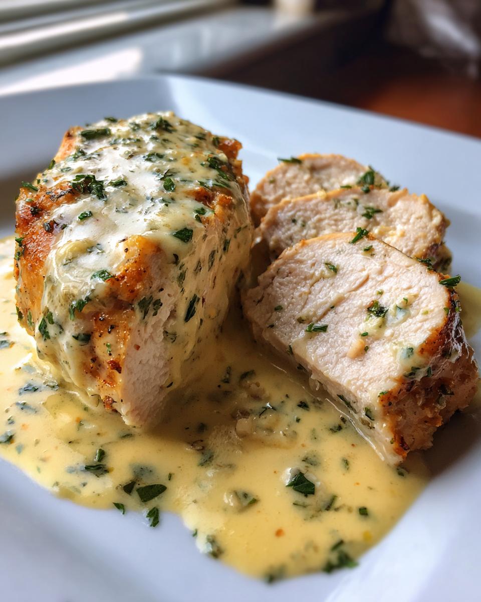 A piece of seared chicken breast covered in a rich, creamy lemon sauce with fresh parsley, sliced to show the tender interior.