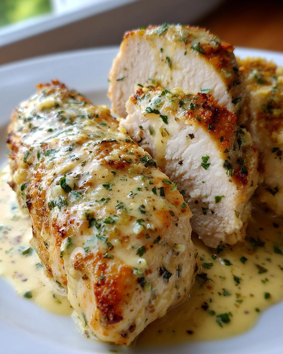 Close-up of sliced, pan-seared chicken breast covered in a rich, creamy lemon sauce with parsley, representing creamy lemon chicken.