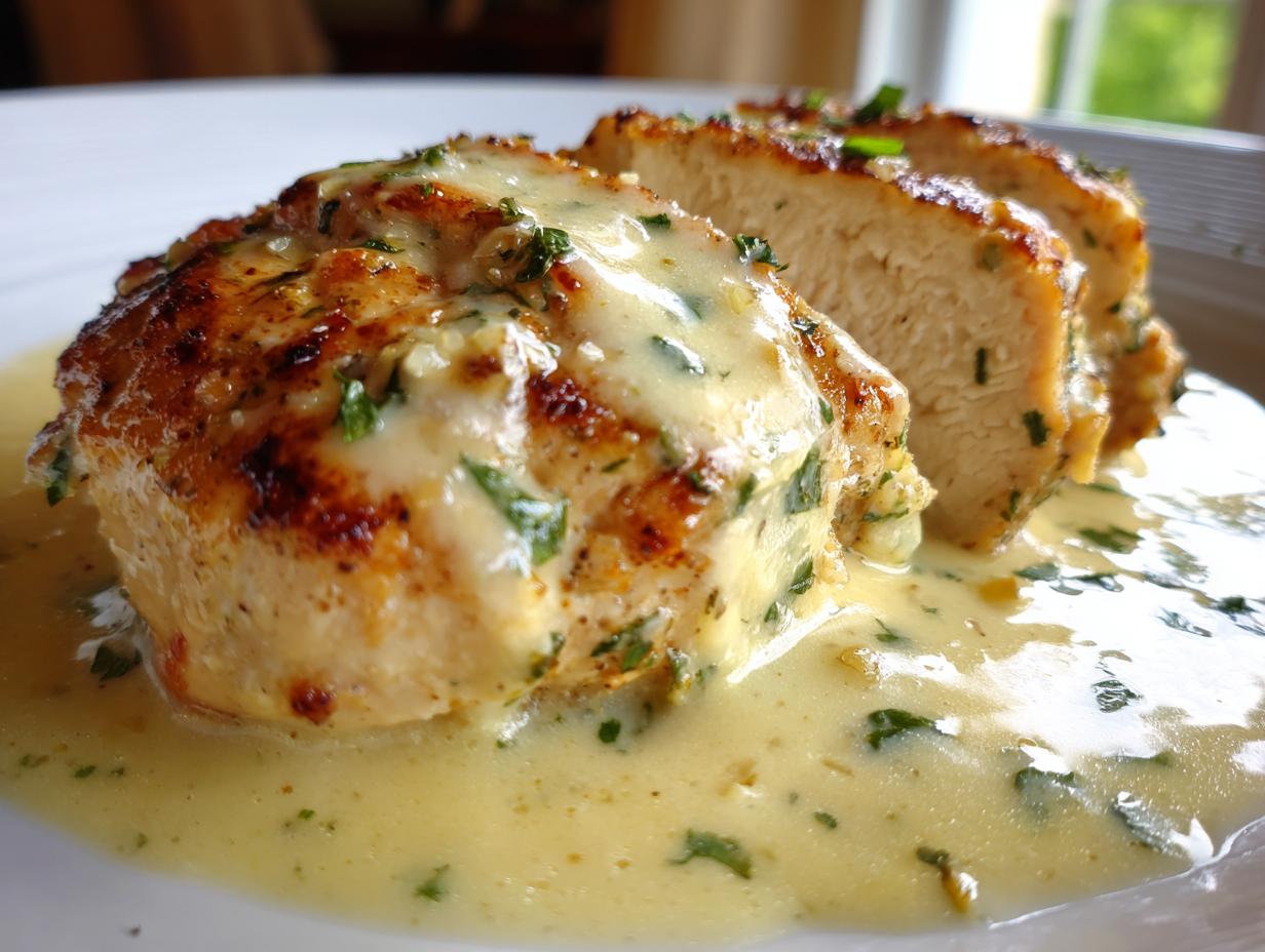 Slices of pan-seared chicken breast covered in a rich, creamy lemon sauce with fresh parsley, showcasing the creamy lemon chicken recipe.