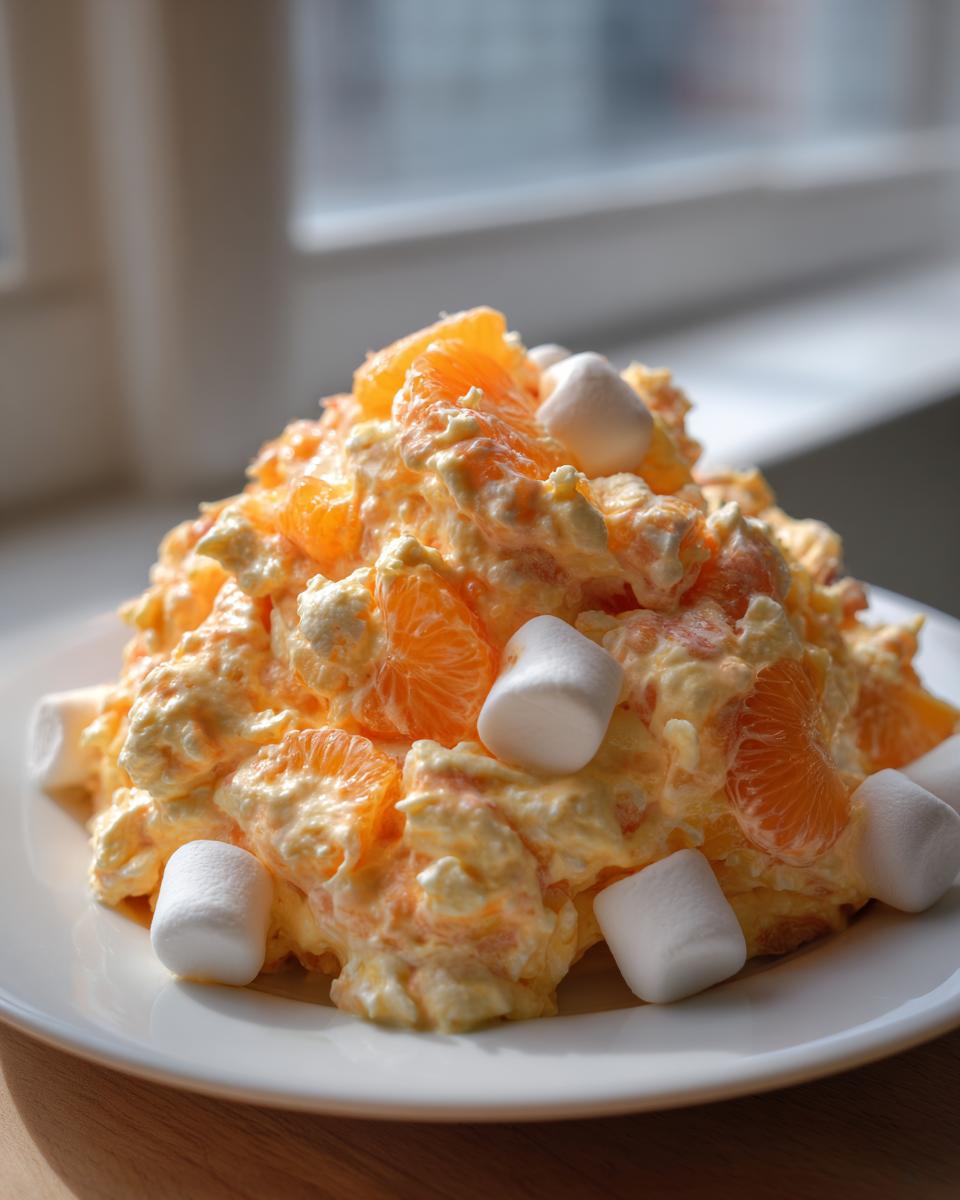 A mound of creamy mandarin orange salad mixed with whipped topping and topped with mini marshmallows.