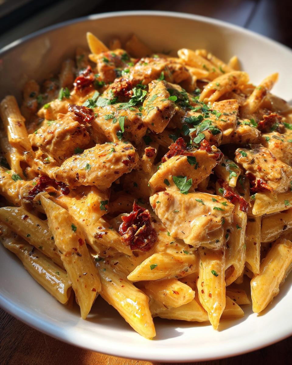 A close-up of a bowl of creamy marry me chicken pasta featuring penne, chunks of chicken, sun-dried tomatoes, and fresh parsley.