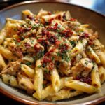A close-up bowl of creamy marry me chicken pasta featuring penne, chicken pieces, and sun-dried tomatoes topped with parsley.
