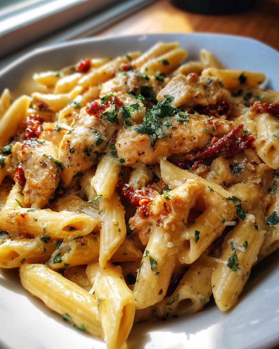 Close-up of a bowl of creamy marry me chicken pasta featuring penne, chunks of chicken, and sun-dried tomatoes, topped with parsley.