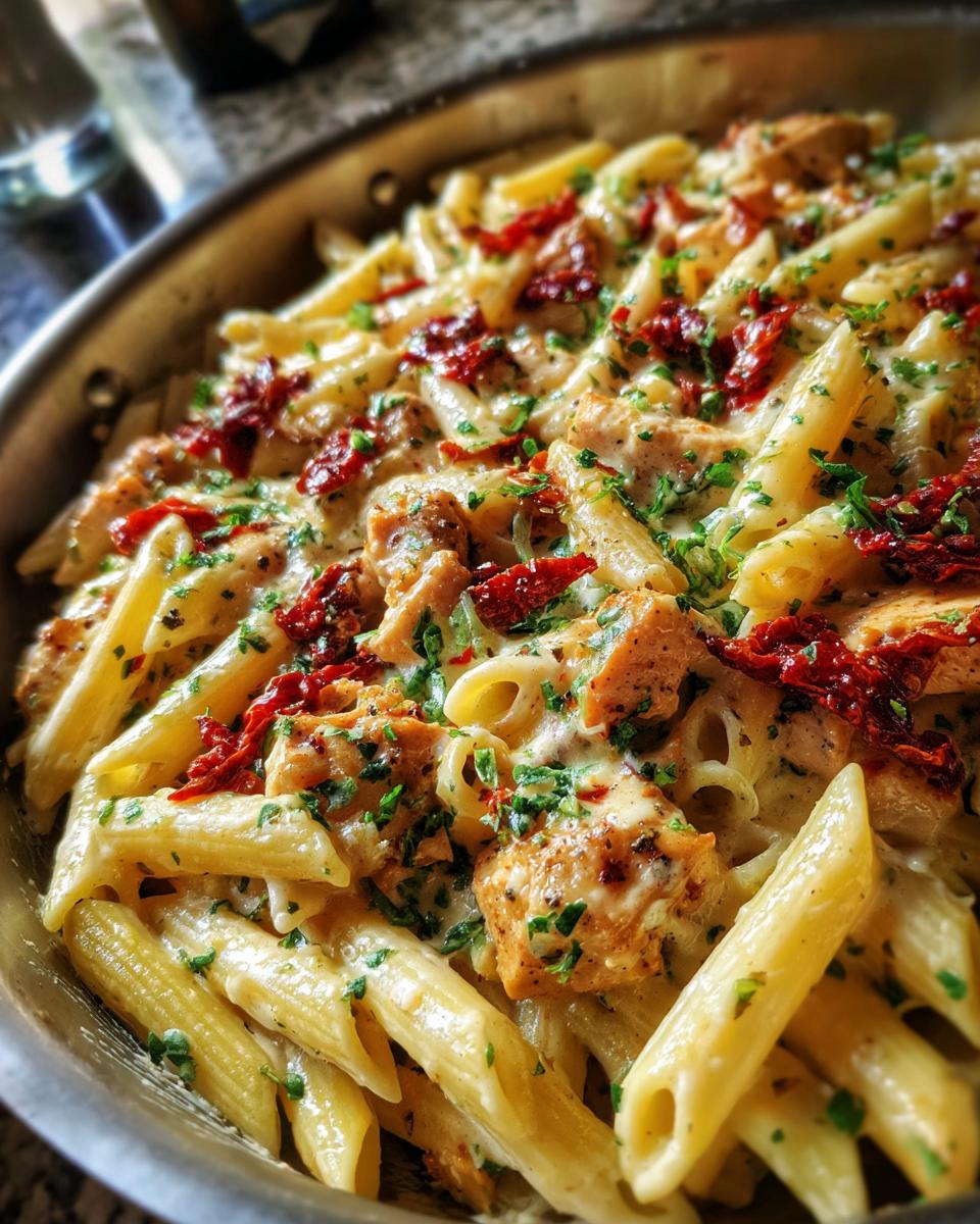 Close-up of creamy marry me chicken pasta with penne, sun-dried tomatoes, and parsley in a stainless steel skillet.