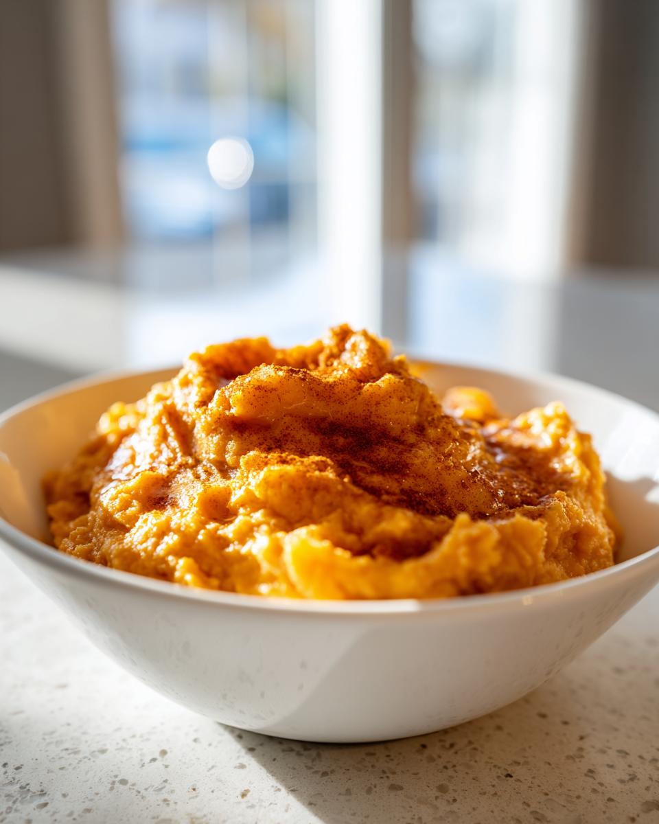 A white bowl filled with fluffy mashed sweet potatoes, topped with a sprinkle of cinnamon.