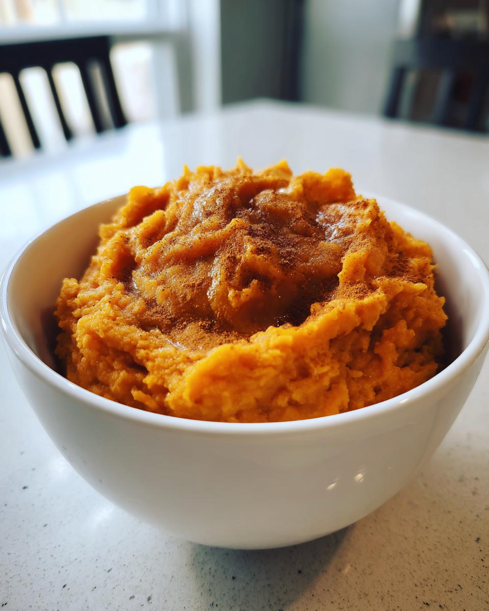 A close-up of creamy mashed sweet potatoes topped with cinnamon in a white bowl.
