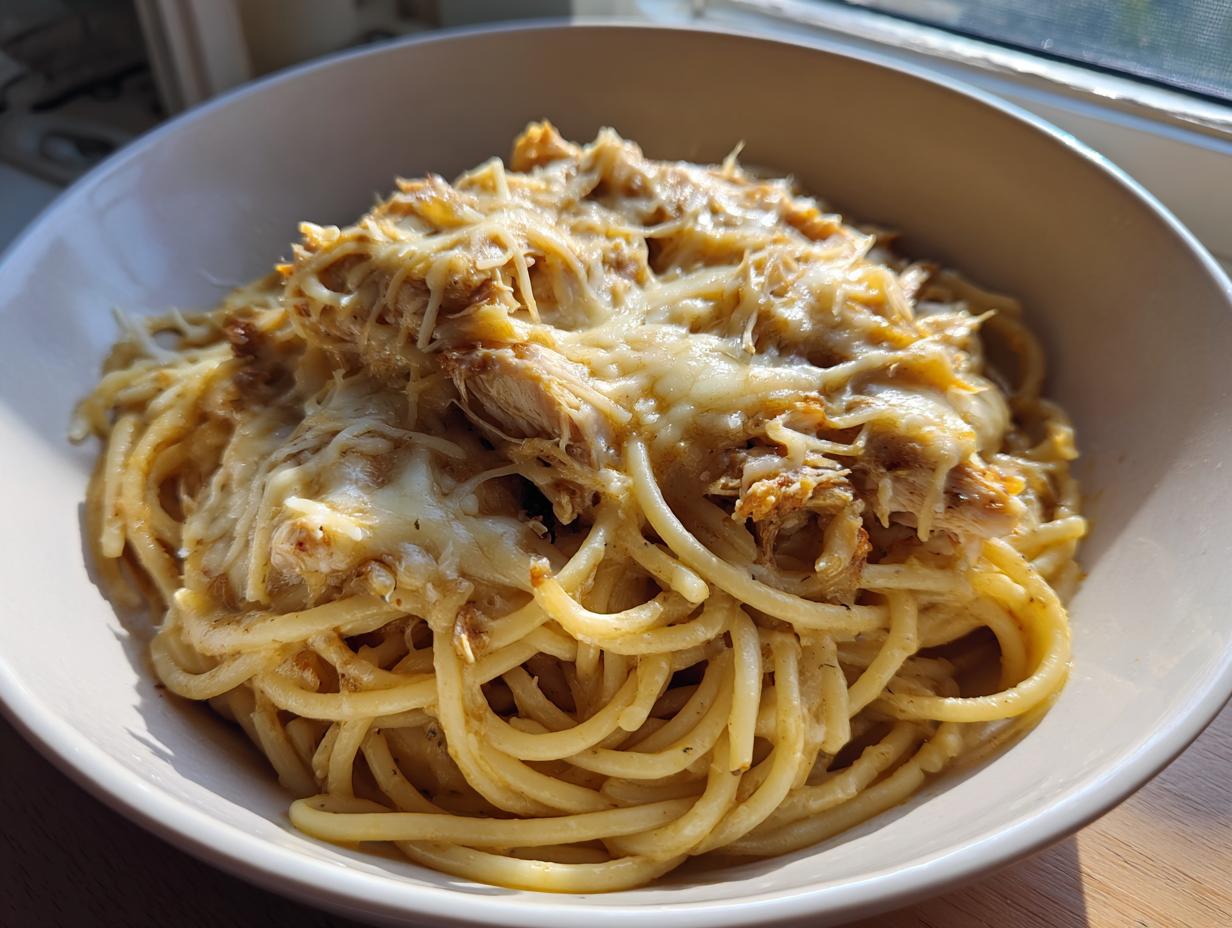 A close-up of a bowl filled with creamy Monterey chicken spaghetti topped with melted cheese.