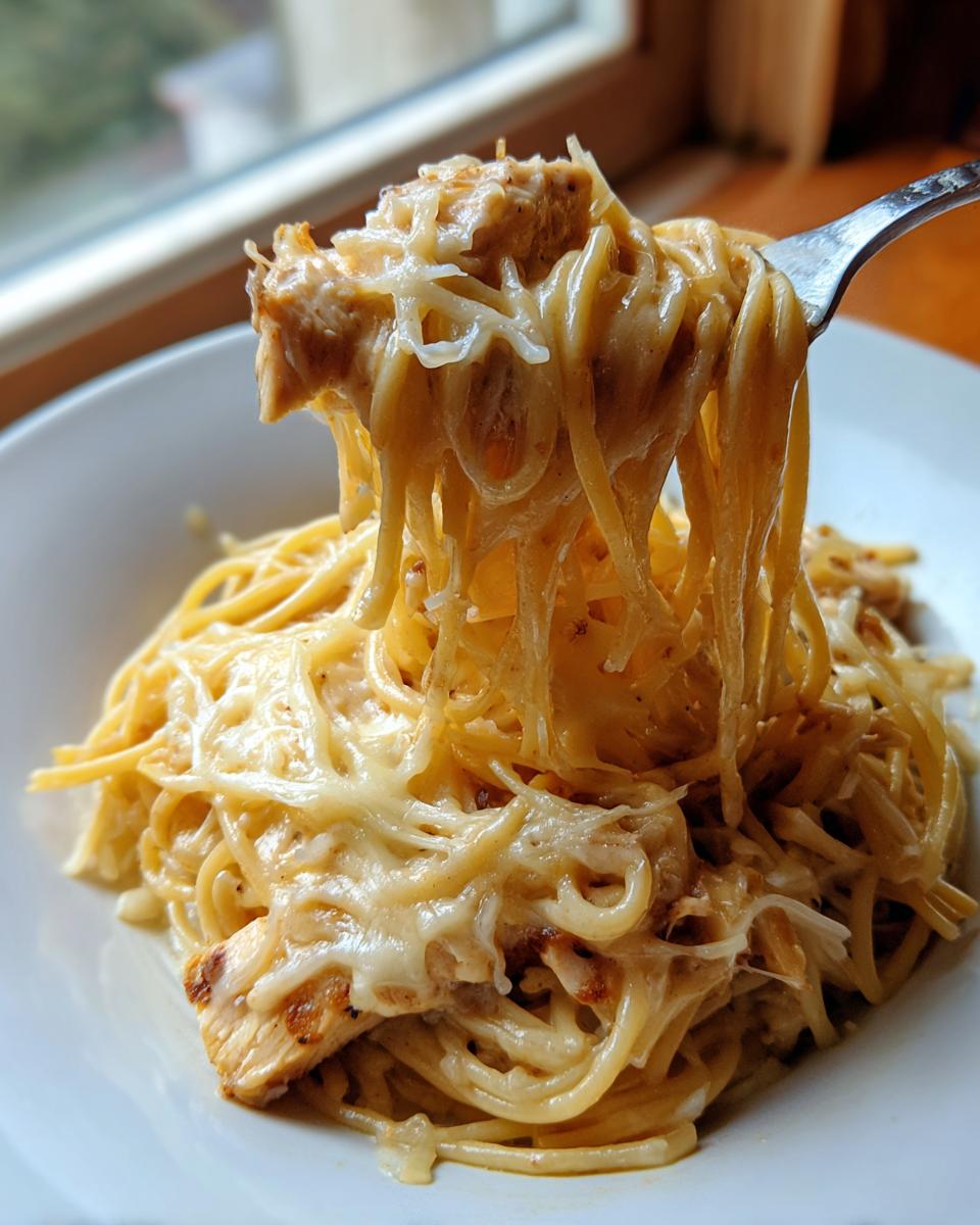 A fork lifting a generous portion of creamy Monterey chicken spaghetti, topped with melted cheese.