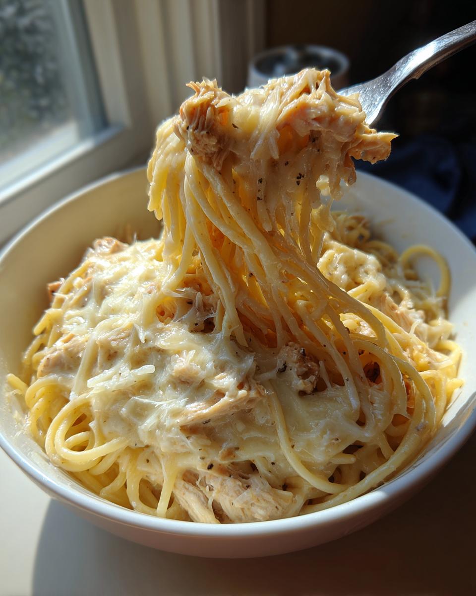 A fork lifts creamy strands of Monterey chicken spaghetti topped with melted cheese from a white bowl.