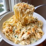 A fork lifts a generous portion of creamy Monterey chicken spaghetti from a white bowl, topped with Parmesan and herbs.