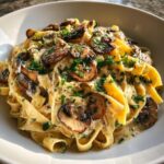 Close-up of creamy fettuccine mushroom pasta topped with sautéed mushrooms and fresh parsley in a white bowl.