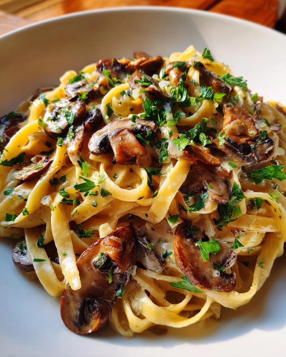 A close-up, appetizing shot of creamy fettuccine mushroom pasta topped with sautéed mushrooms and fresh parsley.