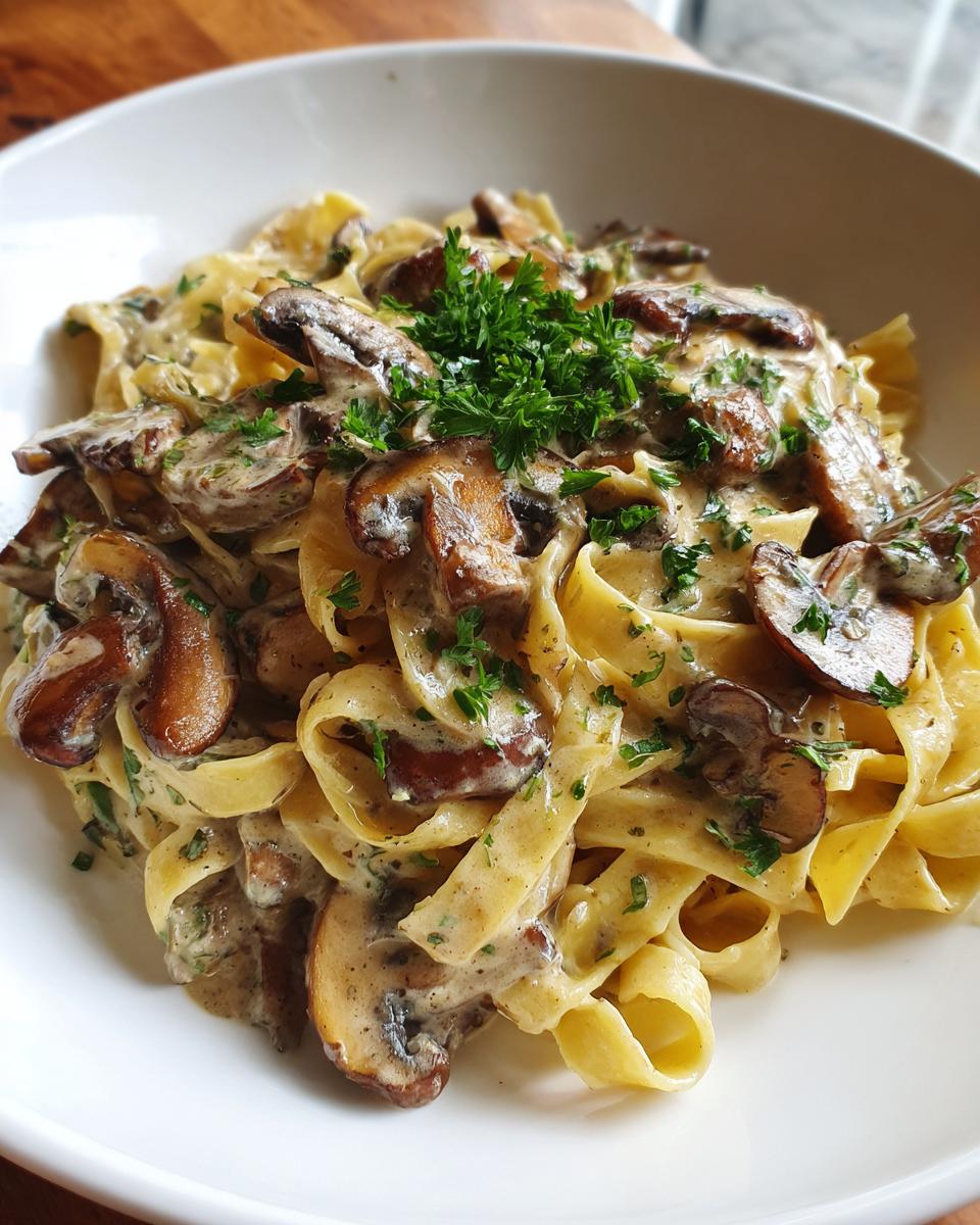 Close-up of creamy fettuccine mushroom pasta topped with fresh parsley in a white bowl.