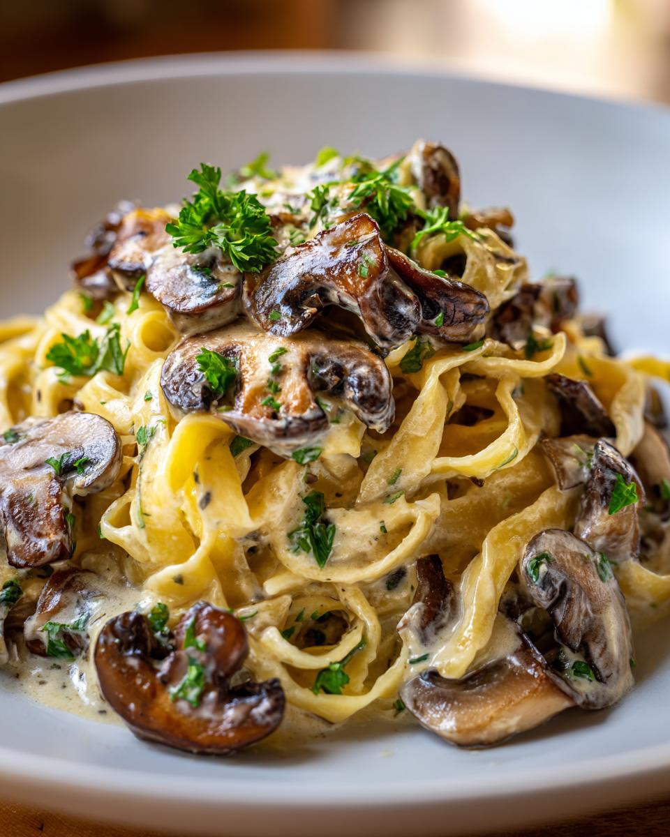 Close-up of rich mushroom pasta featuring fettuccine noodles coated in a creamy sauce and topped with sautéed mushrooms and parsley.
