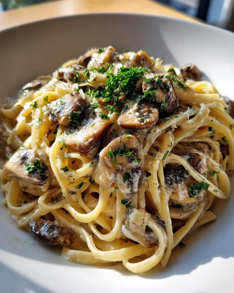 Close-up of creamy fettuccine mushroom pasta topped with sautéed mushrooms and fresh parsley.