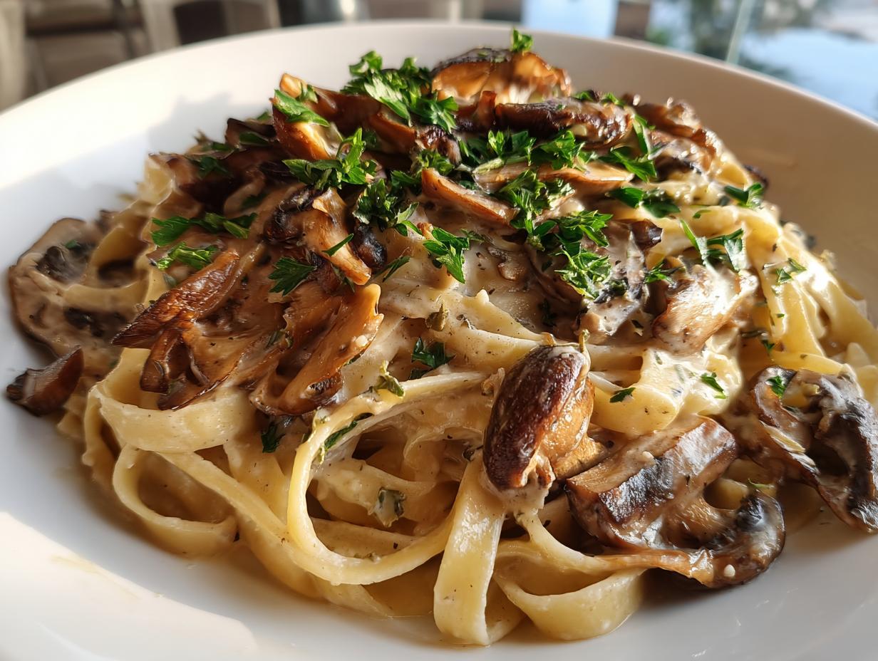 Close-up of creamy fettuccine mushroom pasta topped with sautéed mushrooms and fresh parsley.