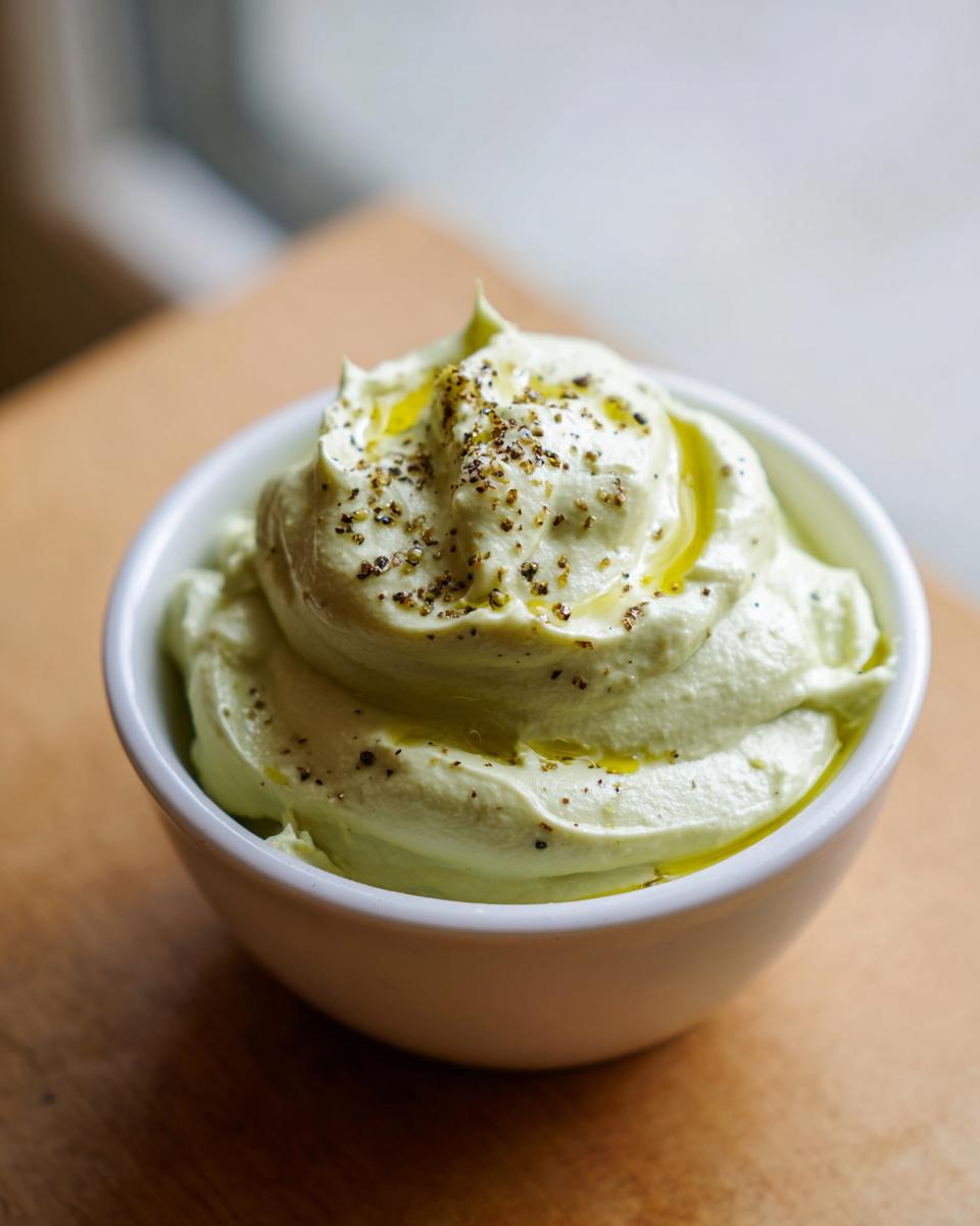 A small white bowl filled with light green, creamy olive dip, drizzled with olive oil and sprinkled with black pepper.