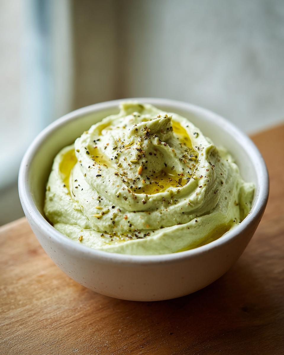 A close-up of a creamy, light green olive dip swirled in a white bowl, drizzled with olive oil and sprinkled with herbs.