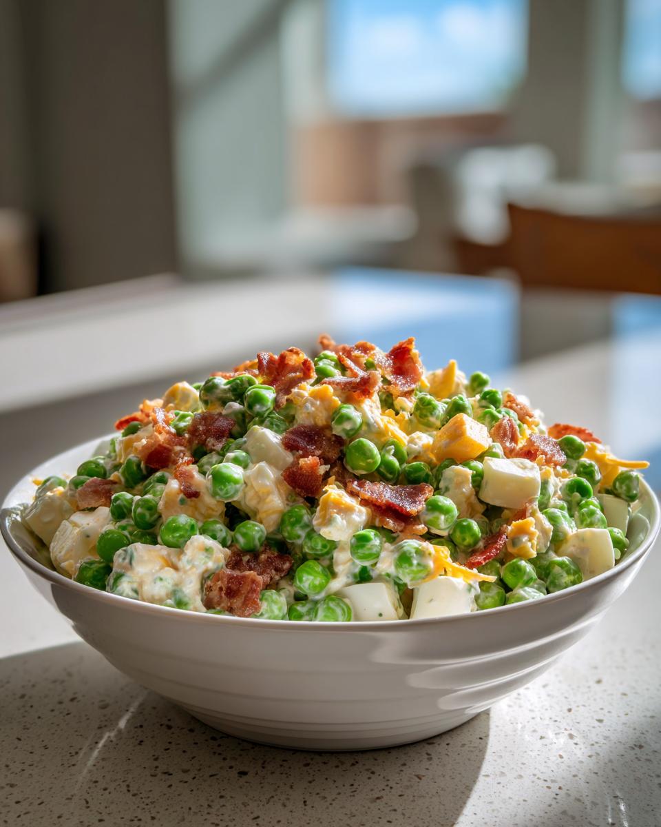 A large white bowl filled with creamy pea salad, featuring green peas, cheese cubes, and crumbled bacon on top.