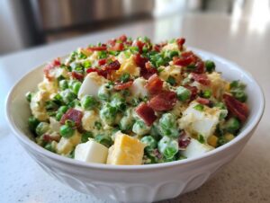A bowl of creamy pea salad mixed with chopped eggs and topped generously with crumbled bacon and chives.