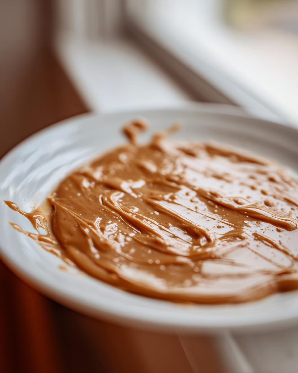 A close-up shot showing thick, glossy peanut sauce swirled across a white plate, ready for serving.