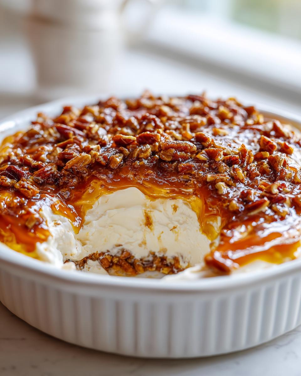 A scoop taken out of a creamy pecan pie dip topped with gooey caramel and chopped pecans.
