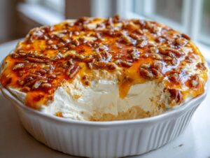 A scoop taken out of a white dish revealing a creamy pecan pie dip topped with gooey caramel sauce and chopped pecans.