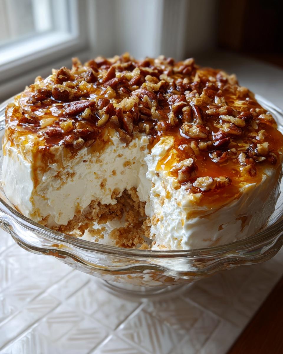 A decadent pecan pie dip, resembling a cheesecake, topped with caramel and chopped pecans, served in a glass dish with a piece removed.