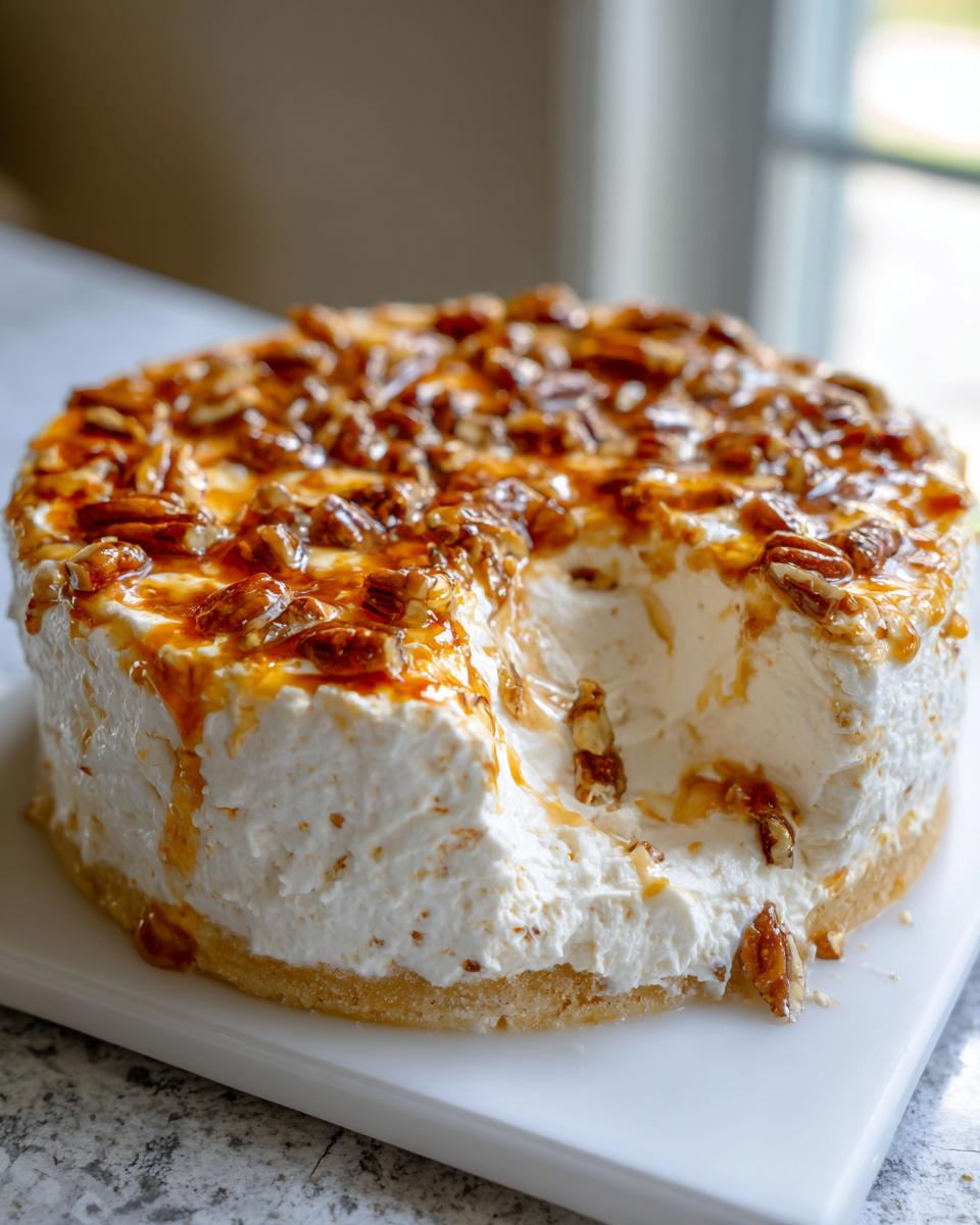 A creamy, round no-bake pecan pie dip topped with caramel and pecans, with a slice removed.