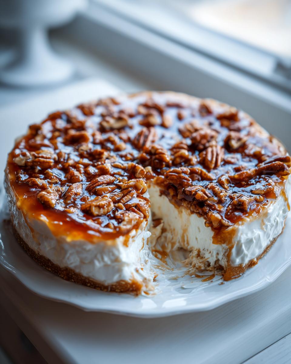 A slice removed from a creamy cheesecake topped with gooey caramel and whole pecans, resembling pecan pie dip.