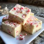 Close-up of creamy white chocolate peppermint fudge squares topped with crushed candy canes.