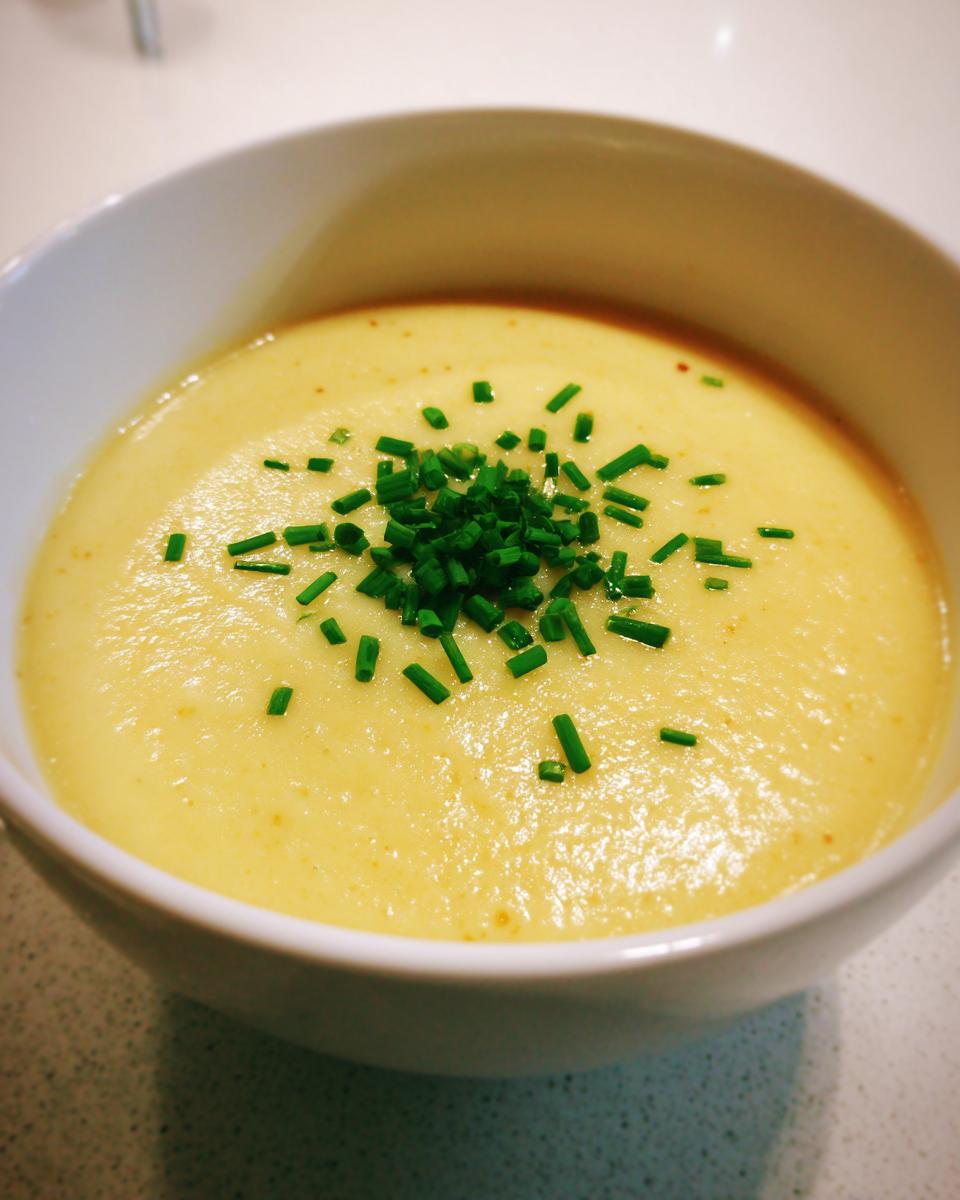 A close-up of creamy, yellow potato leek soup topped with freshly chopped green chives in a white bowl.