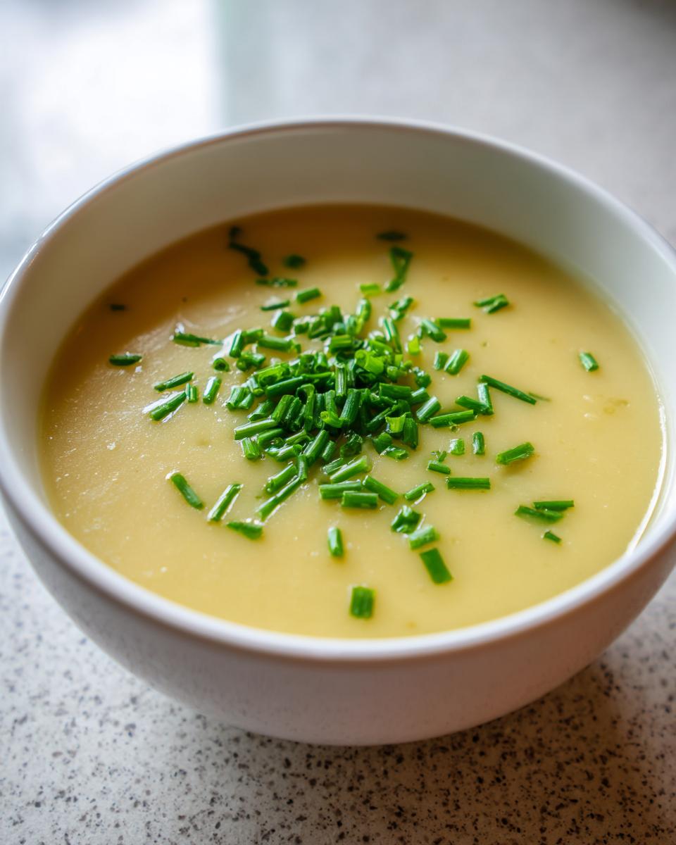 A close-up of creamy potato leek soup in a white bowl, garnished generously with chopped fresh chives.