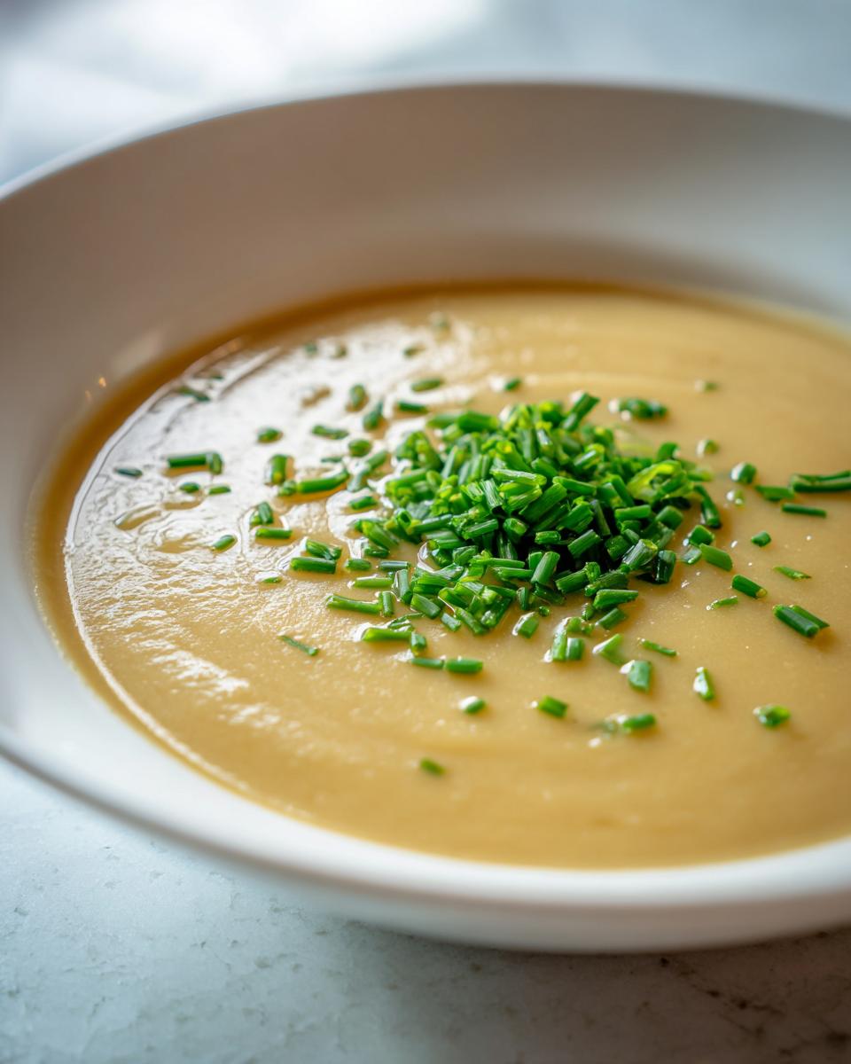 A close-up of creamy potato leek soup in a white bowl, garnished generously with bright green chopped chives.