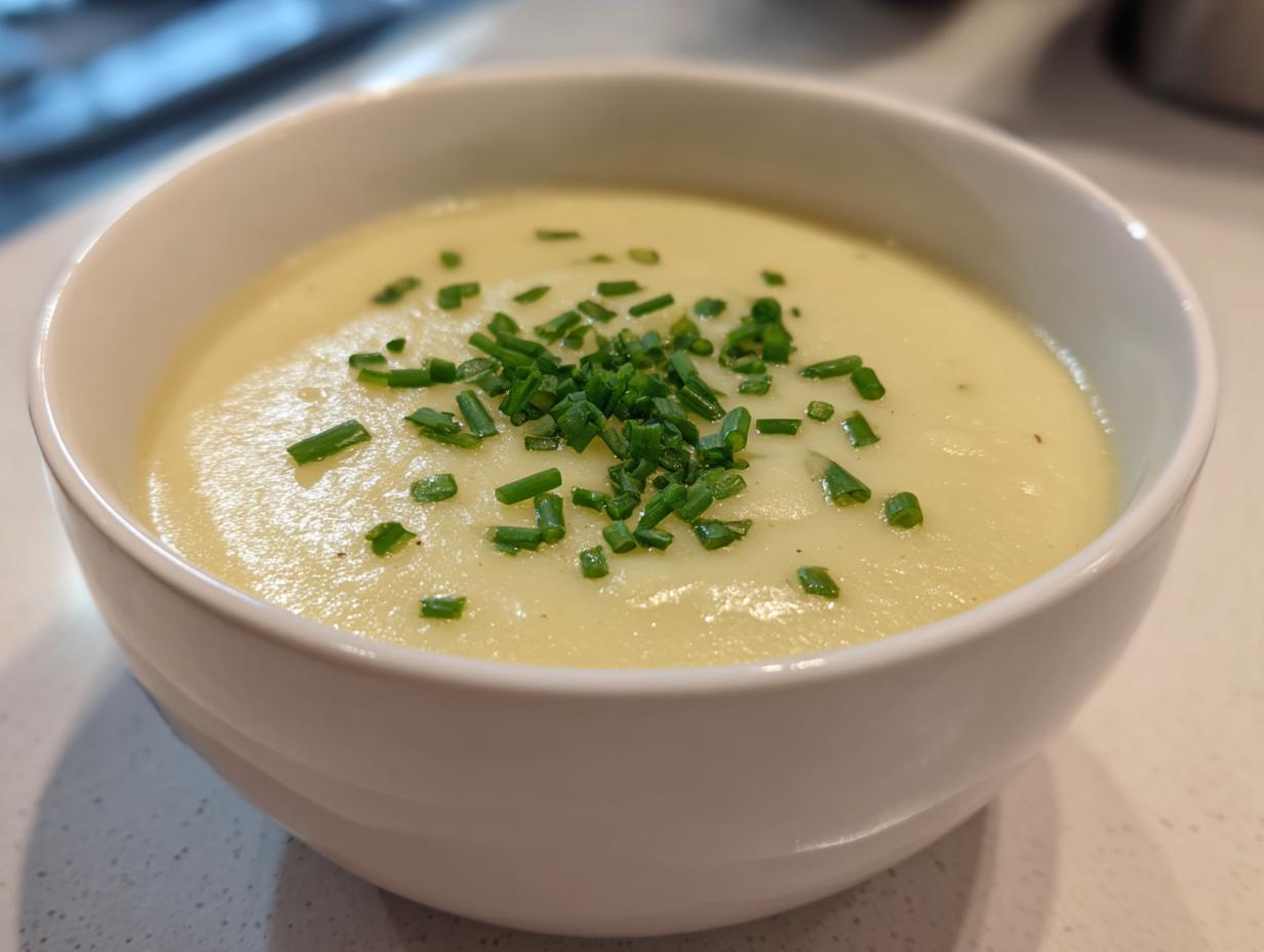 A close-up of a white bowl filled with smooth, creamy potato leek soup, garnished generously with chopped green chives.