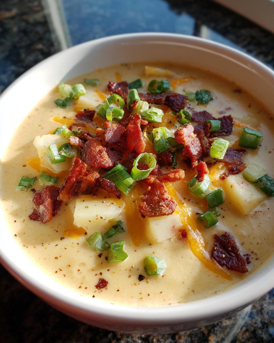 A close-up of a bowl of creamy potato soup recipe, topped generously with crispy bacon bits, shredded cheddar, and fresh green onions.