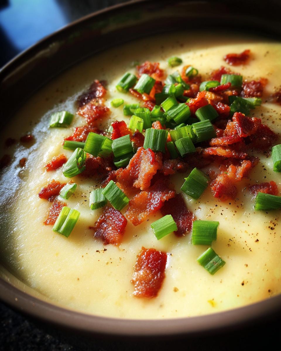 Close-up of a thick, creamy potato soup recipe garnished generously with crispy bacon bits and fresh green chives.