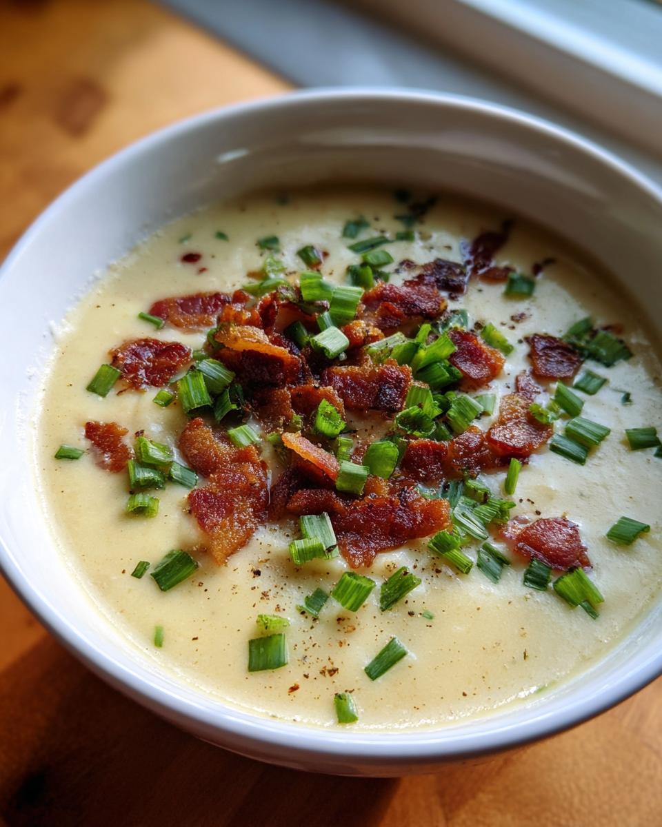 Close-up of a creamy potato soup recipe bowl garnished generously with crispy bacon bits and fresh green chives.