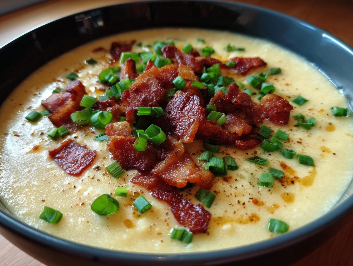 A close-up of a bowl of creamy potato soup recipe, garnished generously with crispy bacon bits and fresh green chives.
