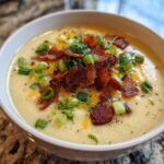 A close-up of a bowl of creamy potato soup recipe topped generously with crispy bacon bits and fresh green onions.